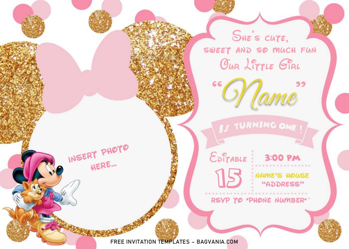 Pink And Gold Minnie Mouse Birthday Invitation Templates - Editable .Docx