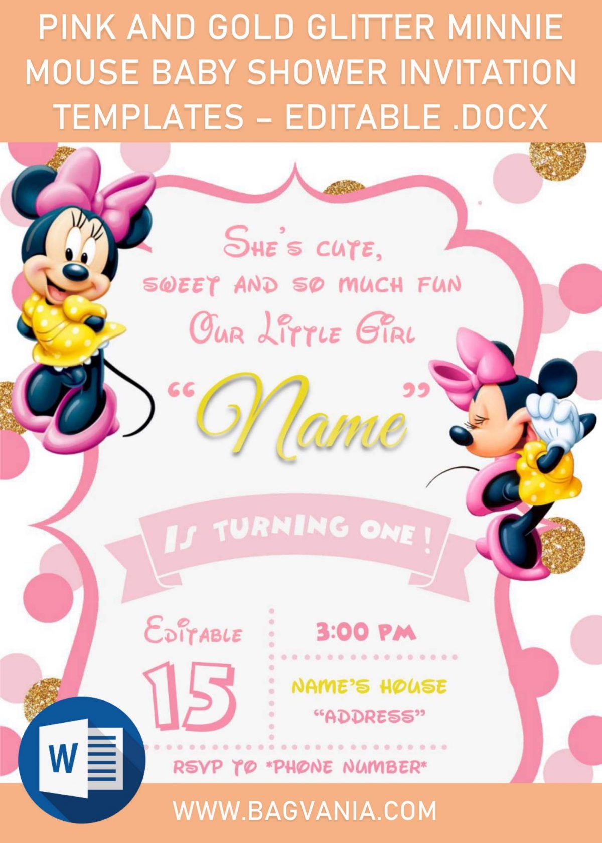 Pink And Gold Minnie Mouse Birthday Invitation Templates - Editable .Docx
