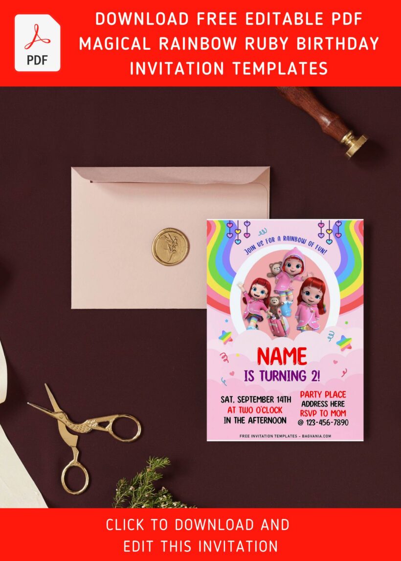 (Free Editable PDF) Magical Pastel Rainbow Ruby Birthday Invitation ...