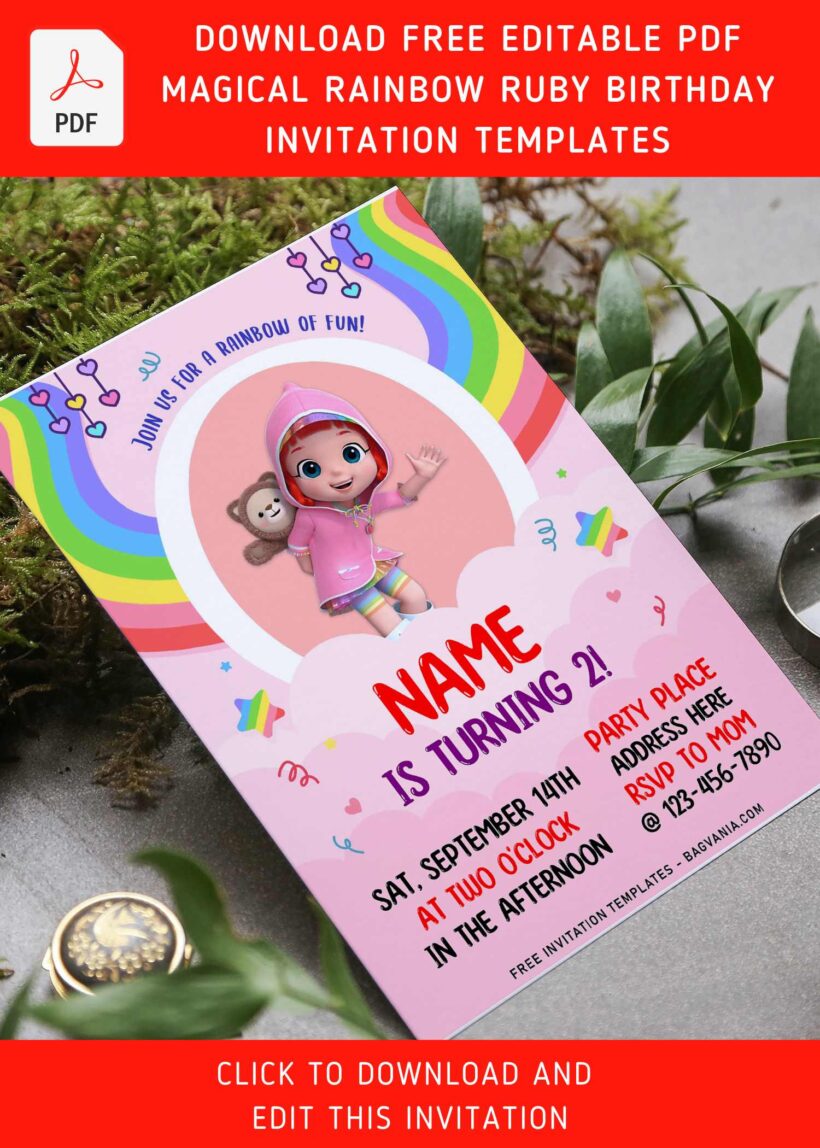(Free Editable PDF) Magical Pastel Rainbow Ruby Birthday Invitation ...