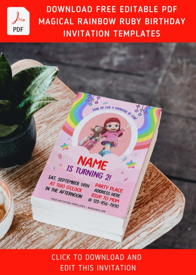 (Free Editable PDF) Magical Pastel Rainbow Ruby Birthday Invitation ...