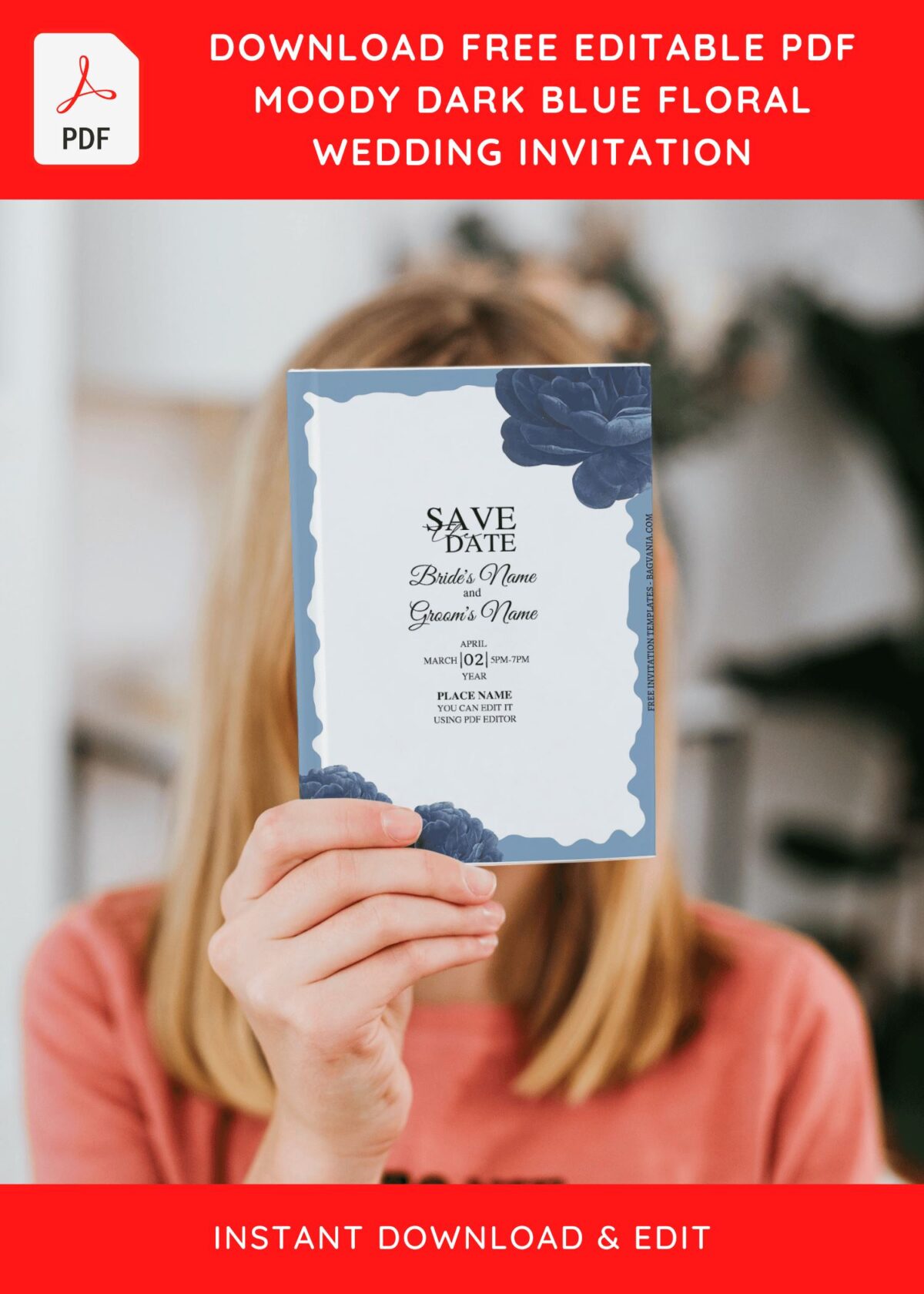 (Free Editable PDF) Moody Dark Blue Floral Wedding Invitation Templates
