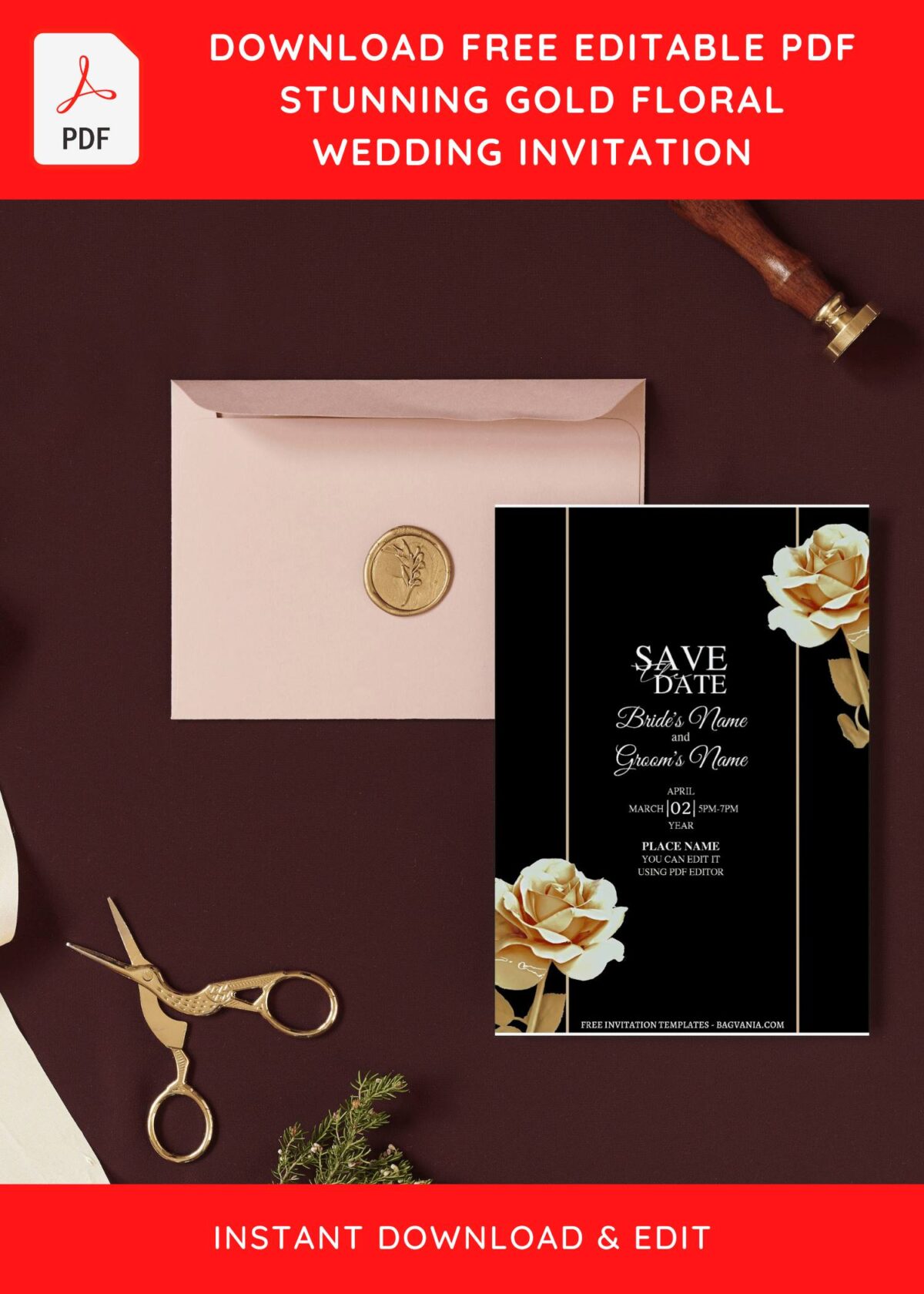 (Free Editable PDF) Sparkling Gold Foil Floral Wedding Invitation Templates