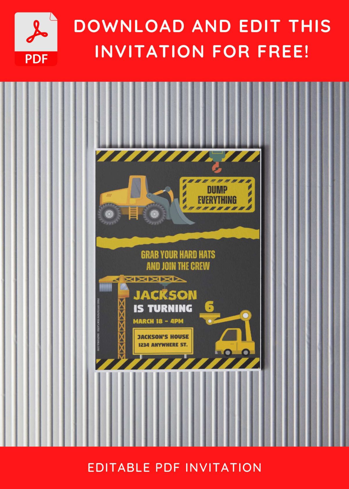 (Free Editable PDF) Creative And Cute Construction Themed Birthday ...