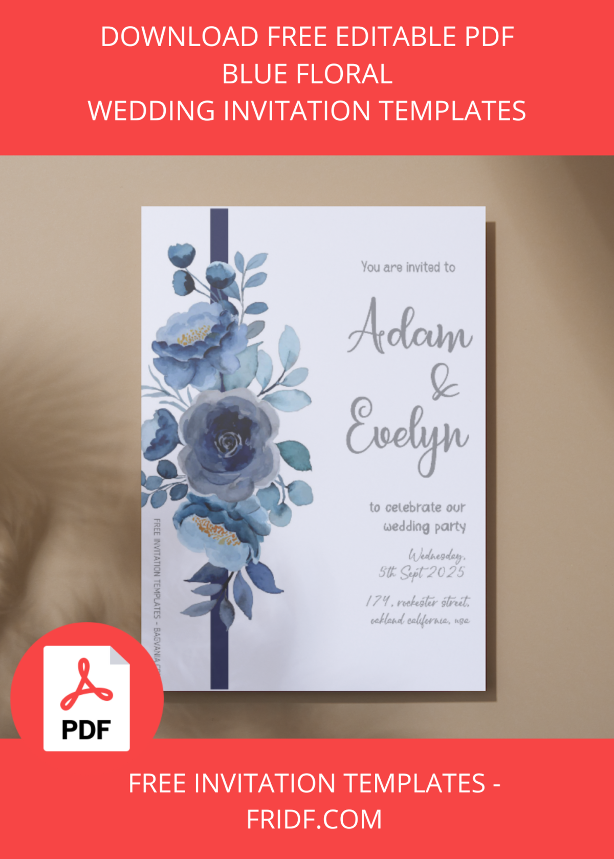 FREE PDF Invitation - Blue Floral Wedding Invitation Templates