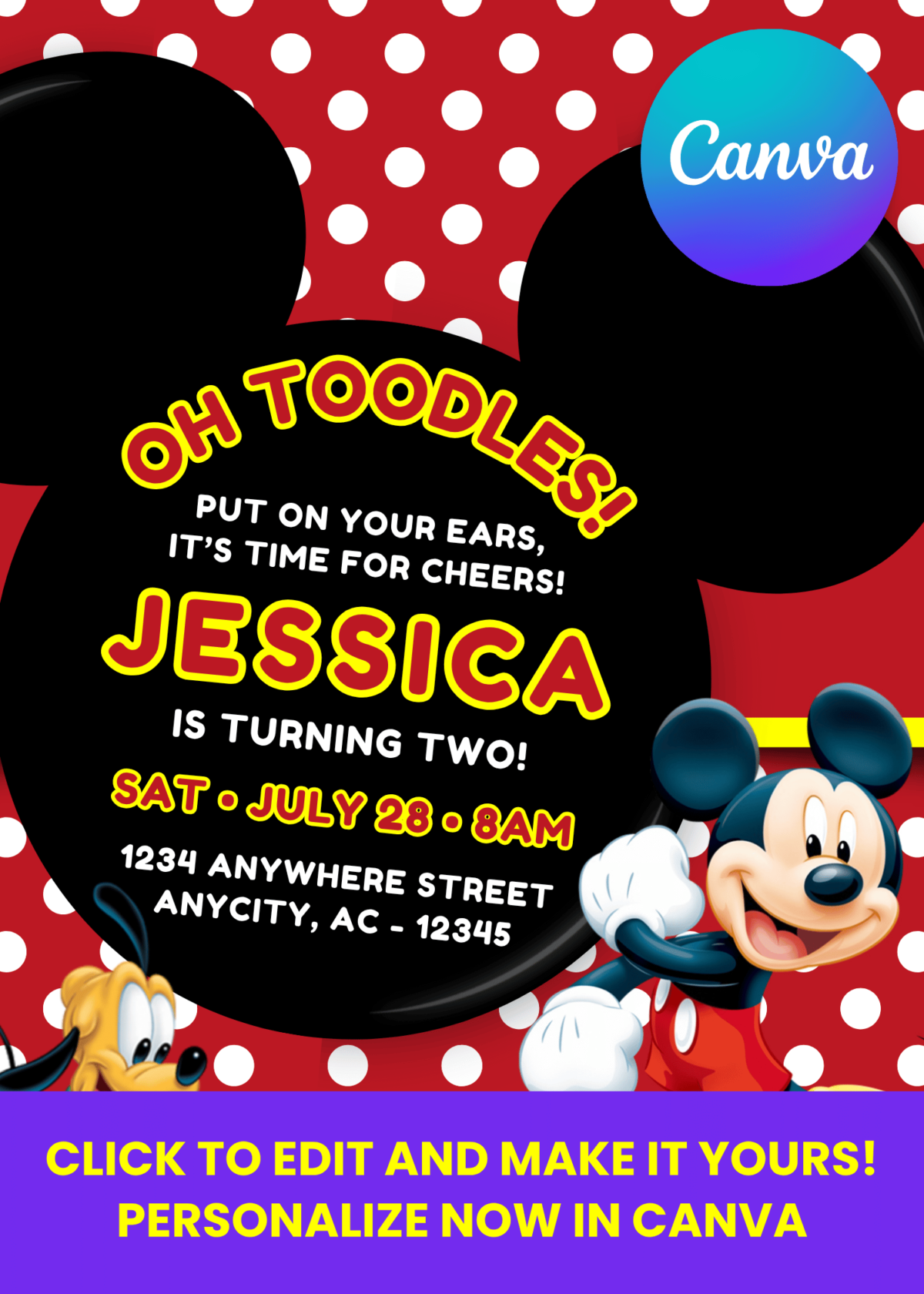 Polka Dot Mickey Mouse Birthday Invitation | Editable Canva