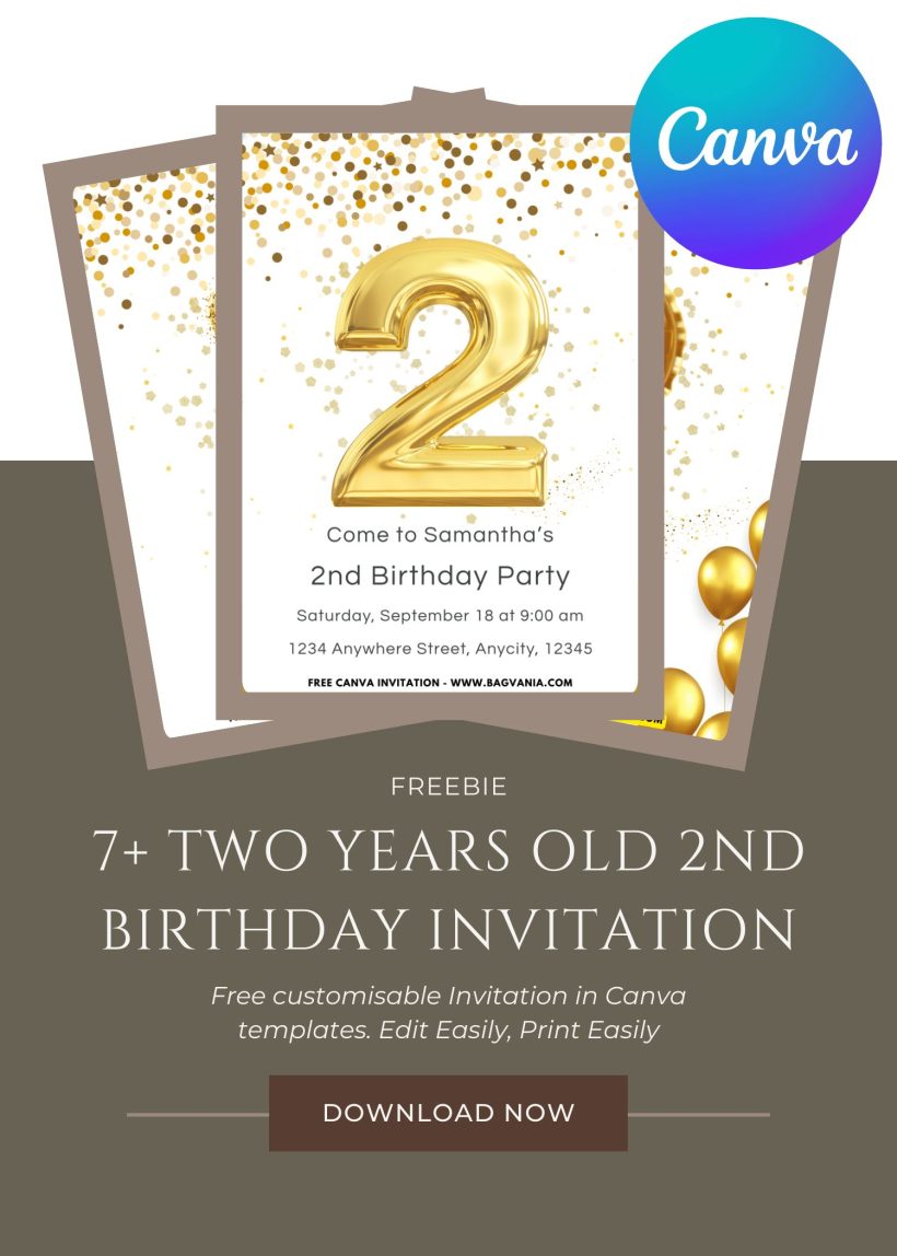 FREE Magical Gold 2nd Birthday Invitation Template